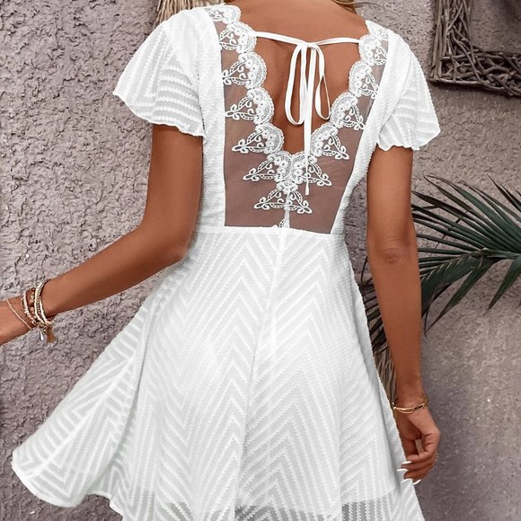 . Dresses & Skirts - White Preppy Womens Contrast Lace Tie Backless Butterfly Sleeve Dress